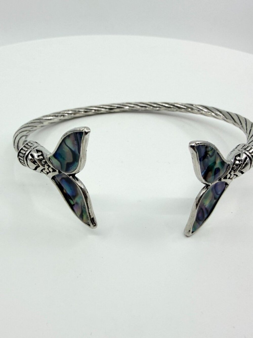 Vintage Silver Tone Abalone Shell Mermaid Whale Tail Twisted Cable Cuff Bracelet
